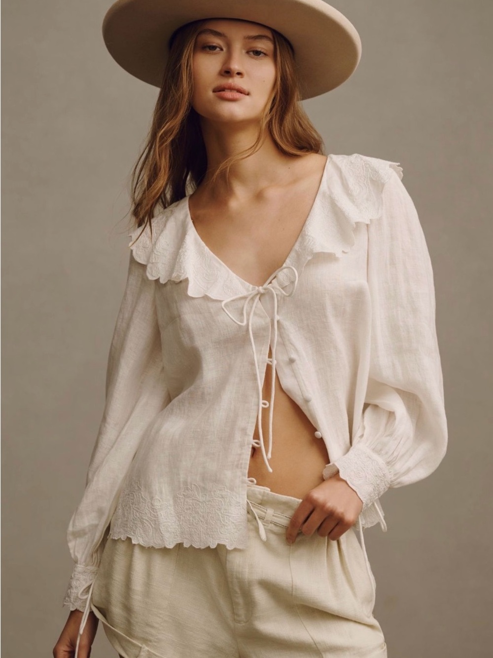 Anthropologie Long-Sleeve Embroidered Linen Tie-Front Top
